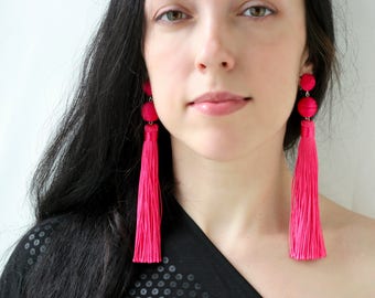 Hot pink tassel earrings Pink tassel earrings Extra long fuchsia earrings Bon bon earrings Oversized earrings Statement ball lightweight