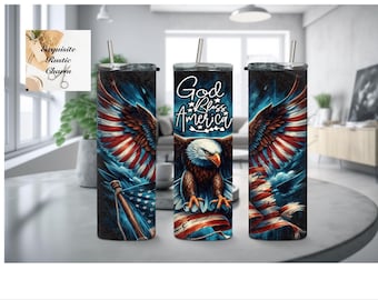 God Bless America, with the Bald Eagle, and American Flag, design on a  20oz. Tumbler. Celebrate the 4th of July, Independence Day in style!