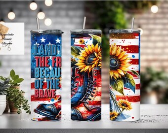Land of the Free, because of the Brave! Red,White, and Blue Flag 20oz. Tumbler. Celebrate the 4th of July, Independence Day in style!
