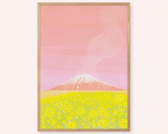 May include: A framed art print featuring a mountain with a snow-capped peak, set against a pink sky. The foreground is filled with yellow flowers. The artwork is in a wooden frame.