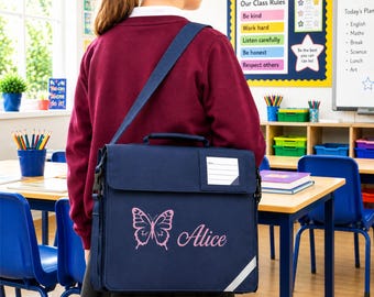 Personalised Girls School Book Bag, Pink Glitter Butterfly, Shoulder Strap