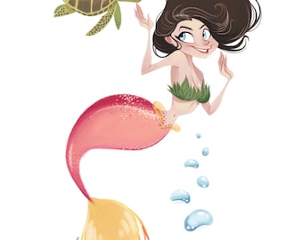 Juego junto al mar - Sirena y tortuga marina - Impresión de 15 x 20 cm