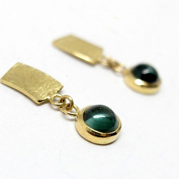 18K gold tourmaline stud earrings, embossed rectangular plate and blue green tourmalines pendant, small gold earrings