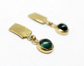 18K gold tourmaline stud earrings, embossed rectangular plate and blue green tourmalines pendant, small gold earrings