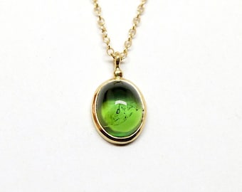 Delicate gold necklace with green tourmaline pendant, 18K gold with oval tourmaline cabochon, handmade unique piece, length 42 and 46cm
