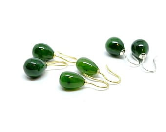 Earrings with dark green jade drops, gold or silver earhooks, plain dark green earrings, gift for women and girls