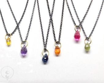 Delicate silver necklace with different colored sapphire drops, blackened chain with gemstone pendants 18K gold eyelet, short necklace 42cm