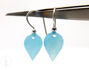 Silver earrings with faceted chalcedony drops, earrings with light blue gemstone pendulums, goldsmith jewelry Berlin-Mitte