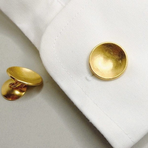 Golden cufflinks, round double bowls of silver plated with fine gold, gift for women and men, noble accessory