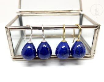 Gold or silver earrings with blue lapis lazuli drops in different sizes, earrings with dark blue pompoms as a gift