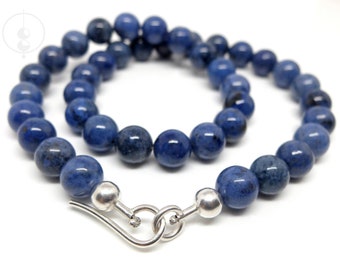 Dumortierite necklace made of smooth 10mm beads with handmade silver hook clasp, medium blue gemstone necklace length 44cm