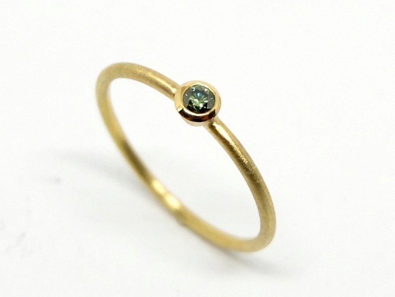 Handmade gold ring with green diamond, engagement ring in recycled 18K yellow gold, simple diamond ring as proposal ring for girlfriend image 2