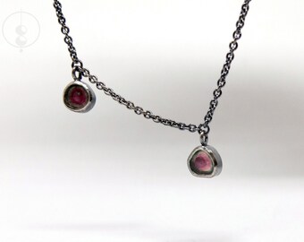 Blackened necklace with 2 watermelon tourmaline pendants, silver chain with two small chain pendants, handmade necklace 45cm