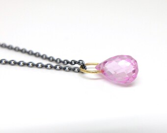 Necklace with teardrop pendant, blackened silver chain with 18k gold and pink gemstone pendant - unique handmade piece of jewelry for her