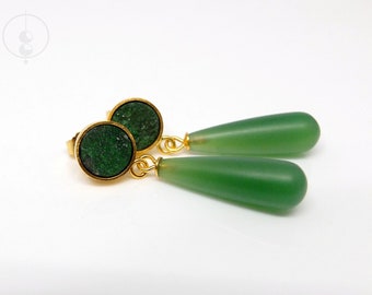 Golden earrings with green studs and drop-shaped pendants, silver plated with fine gold, uvarovite and green agate unique earrings