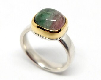 Silver ring with watermelon tourmaline in gold setting, unique ring with bi-color tourmaline cabochon antique cut, square gemstone, size 54