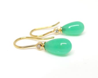 Chrysoprase Earrings in Gold, Green Drop Earrings in 18k Gold, Gold Dangle Earrings with Green Stone, Chrysoprase Drops & Recycled Diamonds