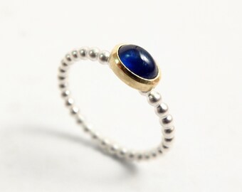 Anillo de bola de plata con oro de 18 quilates y zafiro – anillo de alambre de perlas con gema azul ovalada, anillo de compromiso con cabujón de zafiro del tamaño deseado.