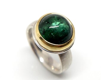 Silver ring with round blue-green tourmaline in 750 yellow gold setting, large tourmaline ring with 18K gold setting, one of a kind size 55