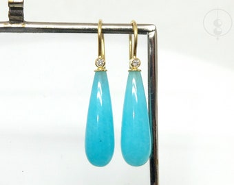 Gold earrings with slim amazonite drops and recycled diamonds, 18K gold earrings with turquoise gemstones and diamonds