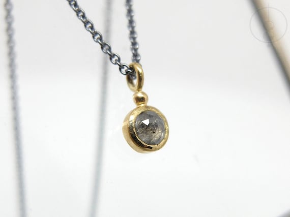 Diamant Halskette mit 18k Goldanhänger, Geschwärzte Silber Statement Kette & Diamantrose Anhänger, grauer Rosenschliff Edelstein