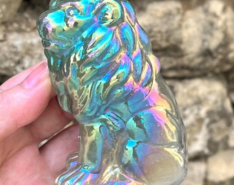Large Green and Clear Fluorite Lion Statue with Aura Coating, Crystal Lion Ornament