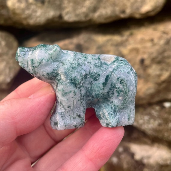 Green Moss Agate Bear Statue with Druzy