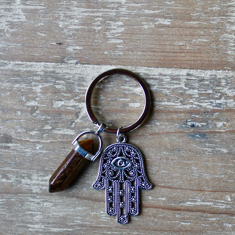 Natural Tiger Eye Crystal Heart /& Hamsa Hand Charm Keyring With Gift Bag