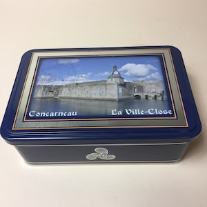 A Superb Vintage Breton Biscuit Tin, Made in France and Featuring a Delightful River Motif
