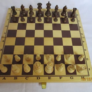 A Wonderful Vintage Wooden Chess Board and Chess Set, Made in France