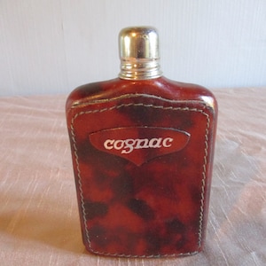 A Stunning Vintage Leather, Metal and Glass Gognac/Whiskey/Brandy Flask, Made in France