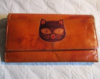 A Gorgeous Vintage Fashionable Leather Purse/Wallet/Bag/Handbag with Cat Design on Back and Front , Made in France