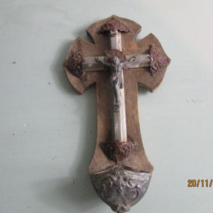 A Lovely Antique Wooden and Brass Large Crucifix/Cross/Jesus, Holy Water Stoup, Made in France