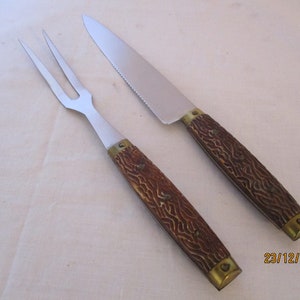 A Fabulous vintage French-Made Wood, Brass and Steel Carving Set/Knife/Fork in Original Box