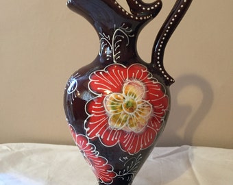 Stunning Hand-Painted Vintage Majolica Vase in the Shape of a Jug, Made in France