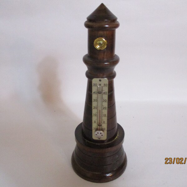 A Gorgeous Vintage Wooden and  Metal Barometer/Thermometer in the Shape of a Lighthouse, Made in France