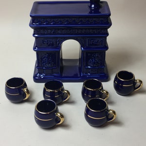 A Superb Vintage Limoges Porcelain Cobalt Blue Cognac/Brandy Decanter and Six Cups