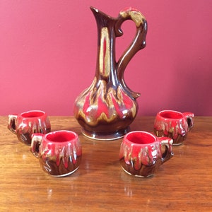 A Fabulous Vintage Majolica Liquor Jug/Decanter/Pitcher and Cups Set, Made in France