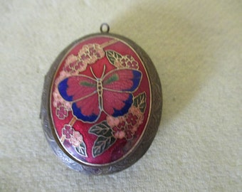 A Really Beautiful Vintage Copper and Enamel Locket/Brooch with Butterfly Design on Lid, Made in France