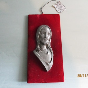 A Lovely Vintage Pewter, Wooden and Velvet Picture/Plaque of Jesus?Christ/Saviour/Redeemer, Made in France