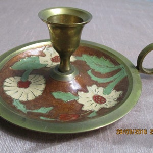 A Wonderful Vintage Solid Brass Hand-Painted Candlestick/Candleholder, Made in France