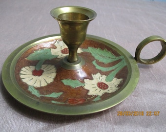 A Wonderful Vintage Solid Brass Hand-Painted Candlestick/Candleholder, Made in France
