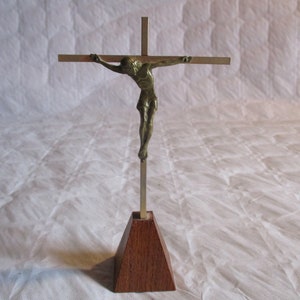 A Lovely Wooden and Brass Crucifix/Cross/Jesus, Wooden Base, Freestanding, Made in France