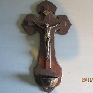 A Lovely Antique Wooden and Brass Large Crucifix/Cross/Jesus, Holy Water Stoup, Made in France