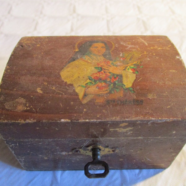 A Beautiful Vintage Wooden Hand-Made, Hand-Painted St Theresa of Avila Trinket Lockable Box/Rosary Box/Prayer Box,  Made in France