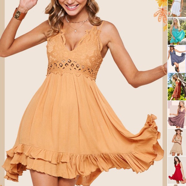 Summer Beach Dress, Boho Dress, Mini Dress, Bohemian Dress, Lace Dress, Vacation Dress