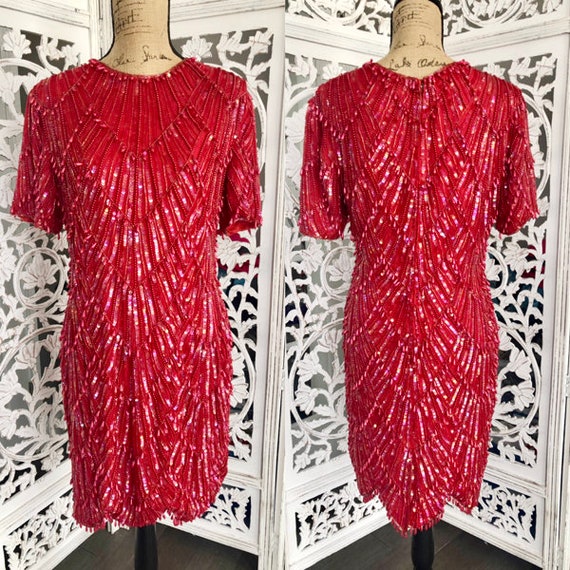 Vintage Sequin Red Dress Beaded Dress 10 - image 1