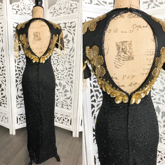 1980s Vintage Sequin Black Dress Beaded Long Dres… - image 2