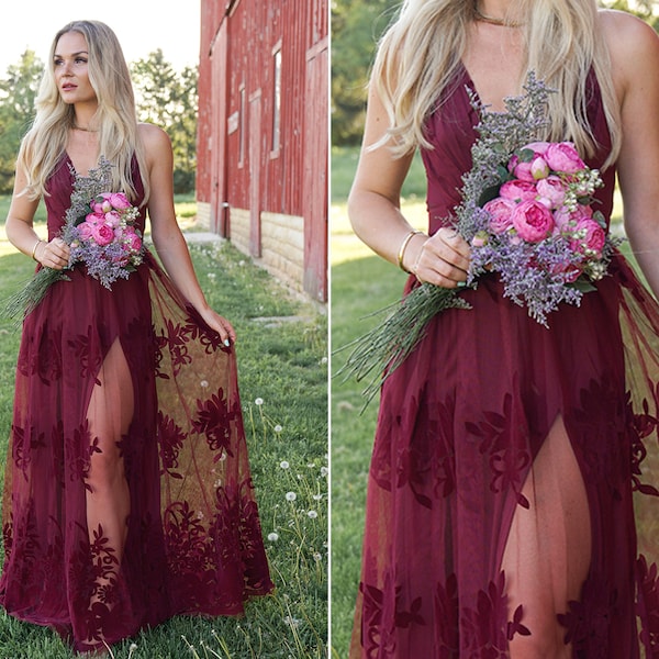 Boho Burgundy Dress, Lace Wedding Guest Dress, Photoshoot Dress, Maxi Dress, Lace Long Dress, Beach Photo Shoot Dress