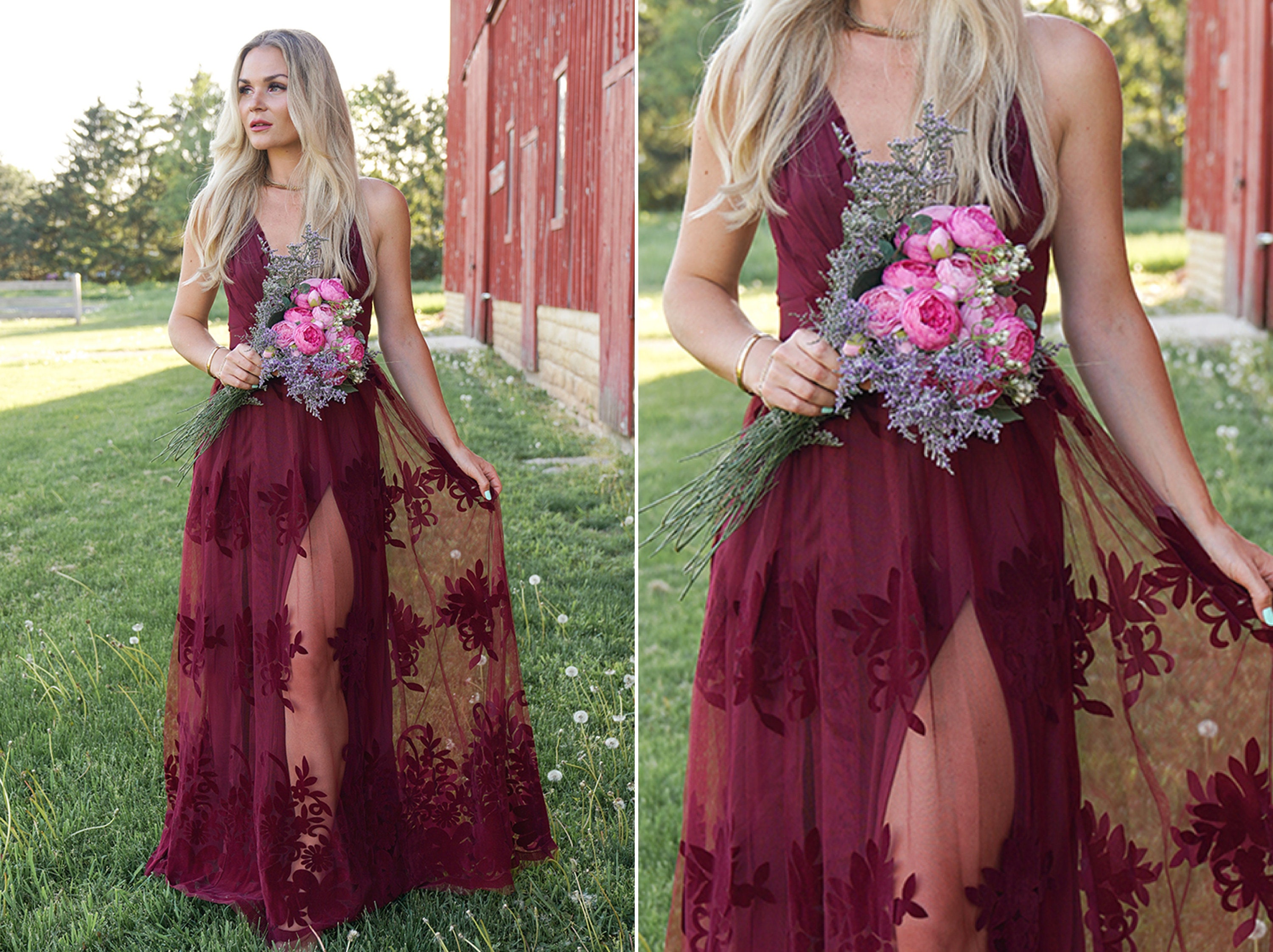 Luxurious burgundy red scoop round neck long sleeves off shoulder ball –  Anna's Couture Dresses